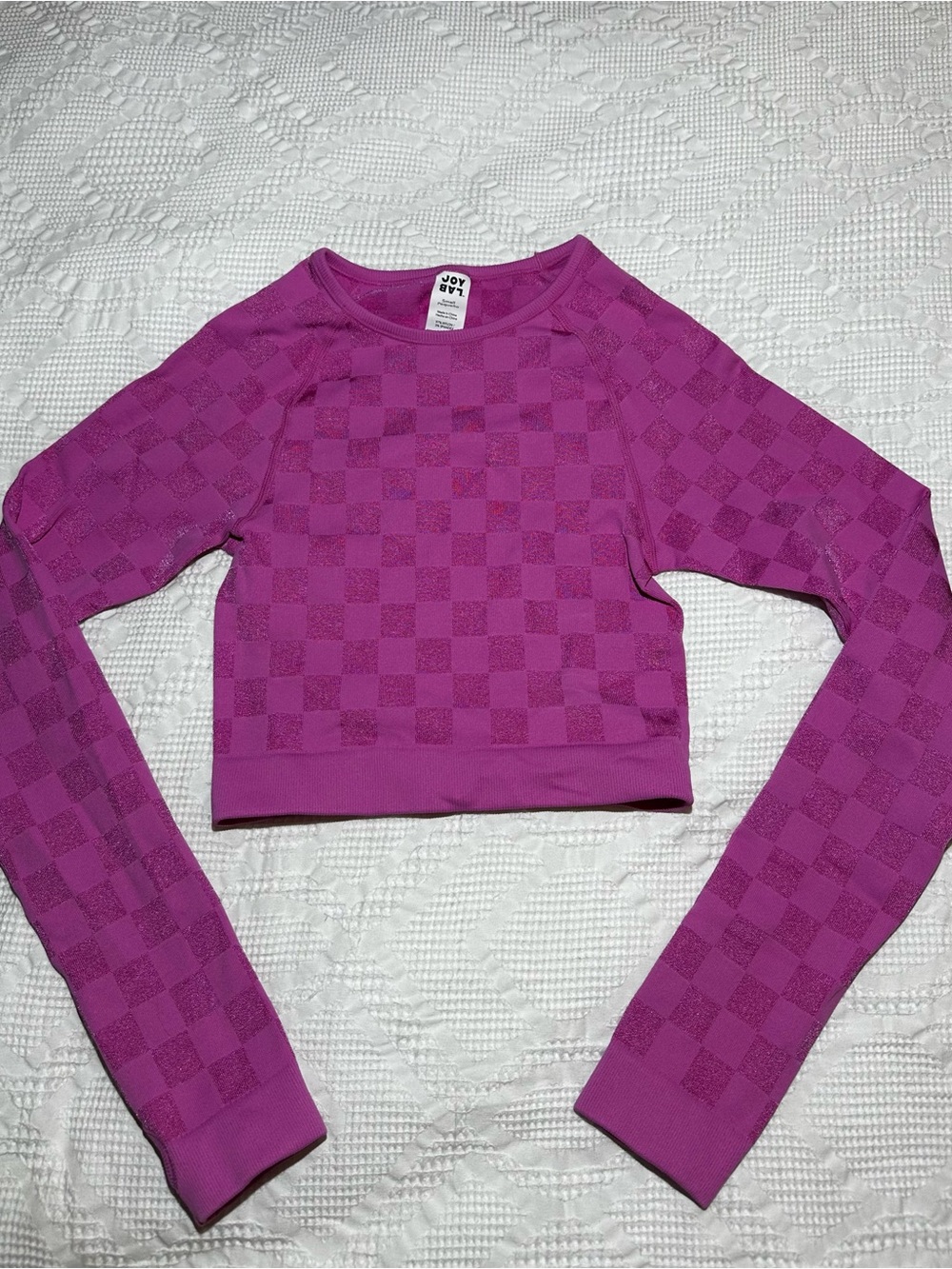 Joy Labs Pink Women's Long Sleeve Jacquard Seamless Checkered Workout Top - Picture 5 of 8